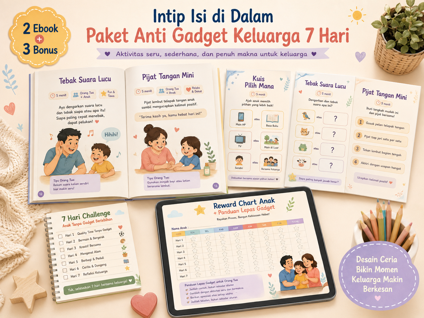 Mockup Paket Anti Gadget Keluarga 7 Hari berisi 2 ebook dan 3 bonus aktivitas keluarga