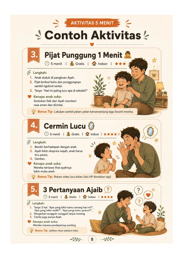 Halaman ebook Ayah bagian Aktivitas 5 Menit: Pijat Punggung 1 Menit, Cermin Lucu, 3 Pertanyaan Ajaib