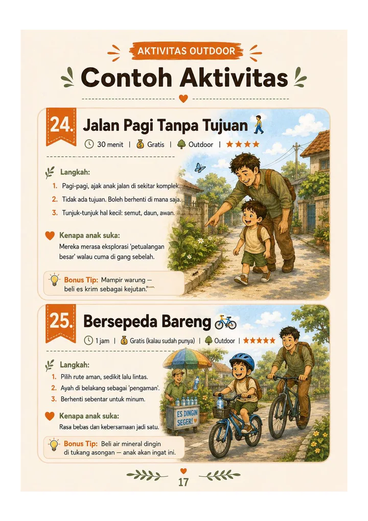 Halaman aktivitas outdoor di ebook Ayah: Jalan Pagi Tanpa Tujuan dan Bersepeda Bareng