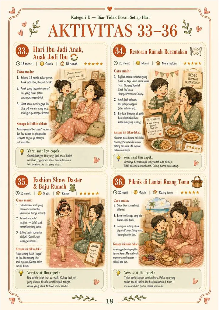 Halaman ebook Ibu aktivitas 33 sampai 36, tiap aktivitas dilengkapi Versi saat Ibu capek