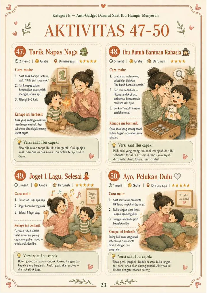 Halaman ebook Ibu aktivitas 47 sampai 50: Tarik Napas Naga, Ibu Butuh Bantuan Rahasia, Joget 1 Lagu, Ayo Pelukan Dulu